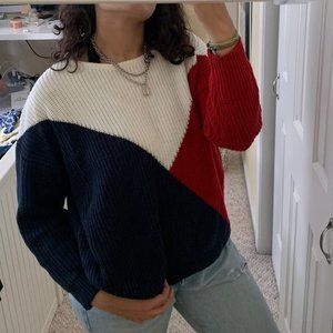 Red, white, and blue color block sweater
